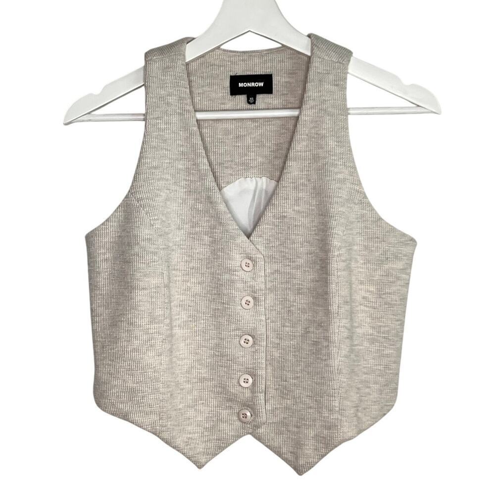 Monrow Cotton Blend Sleeveless V-Neck Button-Front Vest Beige Women's Size XS